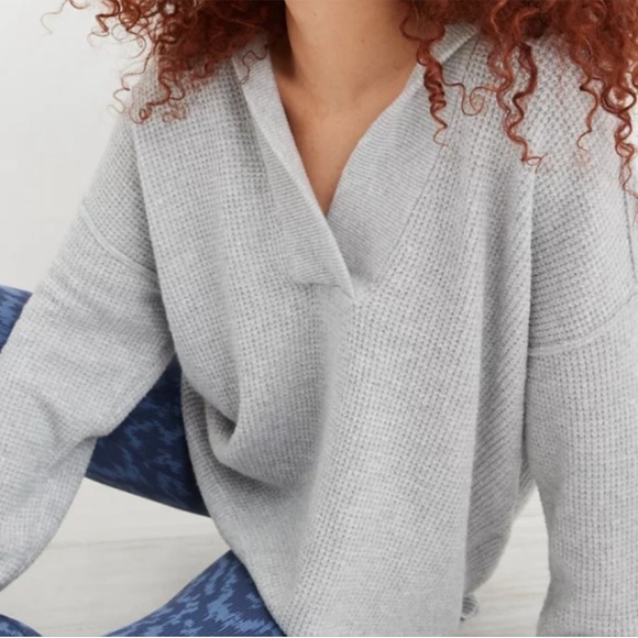 aerie Sweaters - Aerie Heathered Gray CozyUp Waffle Sweater Hoodie Size XL